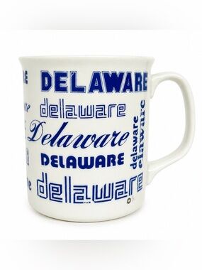 Vintage 80’s Delaware Souvenir Coffee Mug Blue & White Ceramic Cup By Silberne